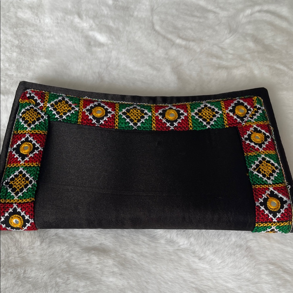 Embroidery Black Fabric Clutch with Red, Green & Yellow Accents